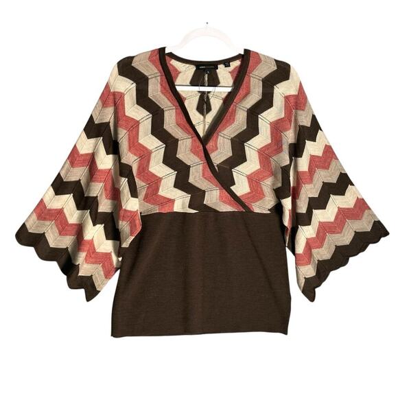 BCBGMaxazria Sz L Dolman‎ Kimono Scallop Sleeve Wool Wrap Sweater Zig Zag Retro - Picture 1 of 11